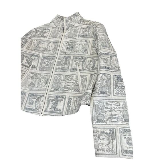 VTG RARE 90s Pelle Moda White Leather Money Print Jacket Sz L Currency $$$ - Picture 5 of 16